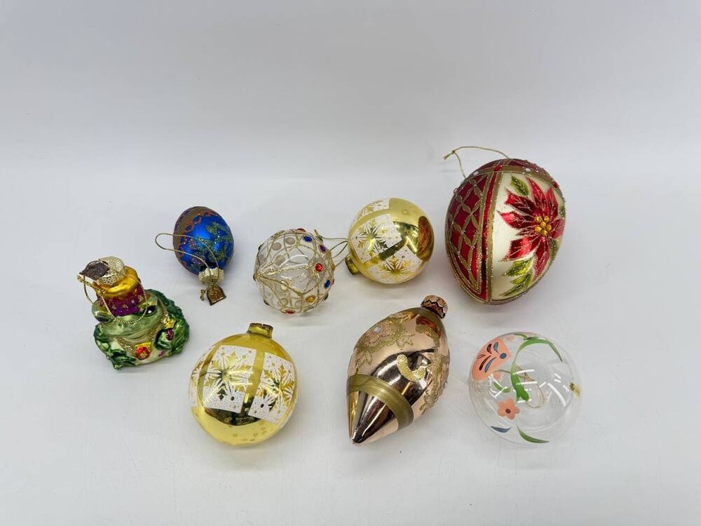 Mixed Lot 8 Glass Christmas Ornaments Frog Poinsettia Balls Assorted Brands